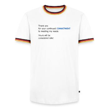Baby Performance Review - Commitment - Men's Ringer Shirt - white/tricolour - Front - AI Model Female 172 light (172cm) & AI Model Male 185 light (185cm)