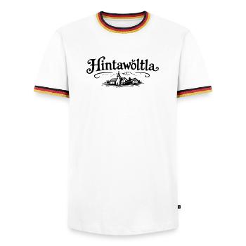 Hintawötla - Men's Ringer Shirt - white/tricolour - Front - AI Model Female 172 light (172cm) & AI Model Male 185 light (185cm)