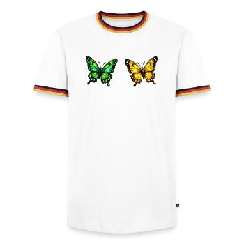 Living Butterflies: Green & Yellow - Men's Ringer Shirt - white/tricolour - Front - AI Model Female 172 light (172cm) & AI Model Male 185 light (185cm)