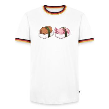 Kawaii Sushi Capybara & Axolotl Mignons Sommeil - T-shirt contrasté Homme - blanc/tricolore - Devant - AI Model Female 172 light (172cm) & AI Model Male 185 light (185cm)