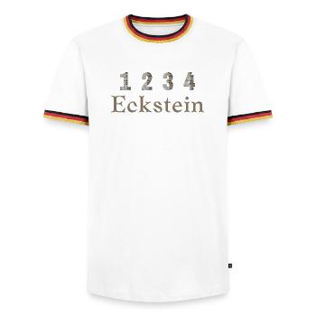 1,2,3,4 Eckstein - Wortschätze - vergessene Wörter - Männer Kontrast-T-Shirt - Weiß/Dreifarbig - Vorne - AI Model Female 172 light (172cm) & AI Model Male 185 light (185cm)