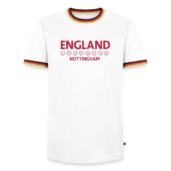 Nottingham England Football Emblem - Men's Ringer Shirt - white/tricolour - Front - AI Model Female 172 light (172cm) & AI Model Male 185 light (185cm)