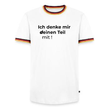 Ich denke mir deinen Teil mit - Männer Kontrast-T-Shirt - Weiß/Dreifarbig - Vorne - AI Model Female 172 light (172cm) & AI Model Male 185 light (185cm)