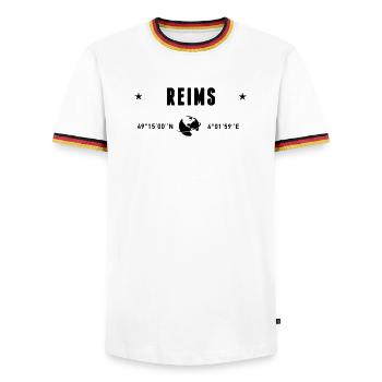 Reims France Coordonnées Gps Globe - T-shirt contrasté Homme - blanc/tricolore - Devant - AI Model Female 172 light (172cm) & AI Model Male 185 light (185cm)