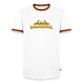 Golden Masterpiece Typography Schmuckstück german  - Men's Ringer Shirt - white/tricolour - Front - AI Model Female 172 light (172cm) & AI Model Male 185 light (185cm)