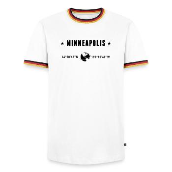 Minneapolis, Minnesota, coordonnées de la planète Terre - T-shirt contrasté Homme - blanc/tricolore - Devant - AI Model Female 172 light (172cm) & AI Model Male 185 light (185cm)