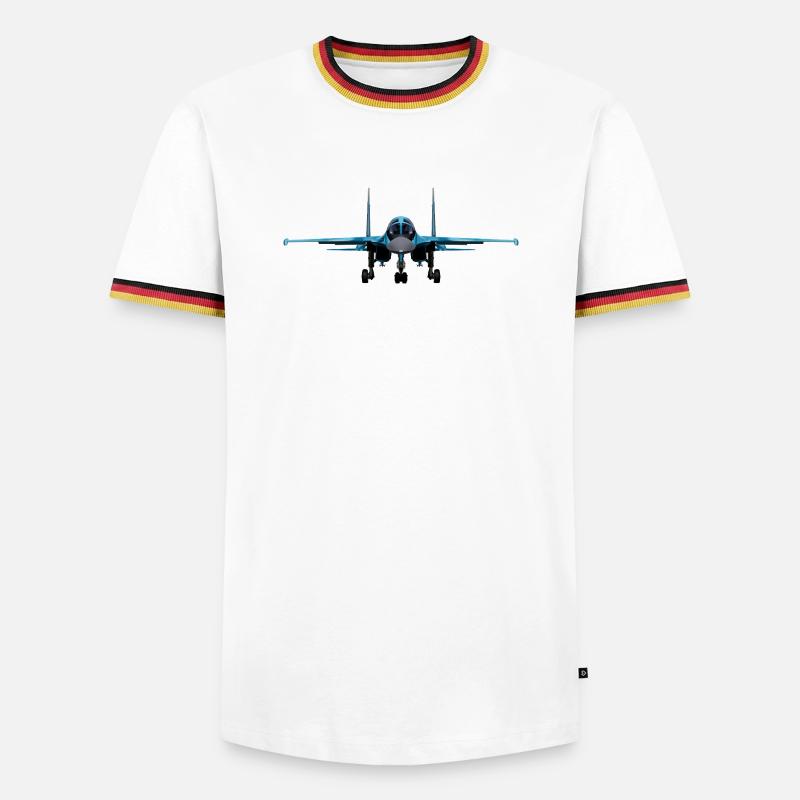 Blauer Kampfjet Frontansicht - Männer Kontrast-T-Shirt - Weiß/Dreifarbig