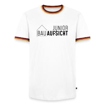 Junior Bauaufsicht mit Haus! - Männer Kontrast-T-Shirt - Weiß/Dreifarbig - Vorne - AI Model Female 172 light (172cm) & AI Model Male 185 light (185cm)