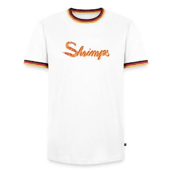 two shrimps or shrimps as funny typography - Men's Ringer Shirt - white/tricolour - Front - AI Model Female 172 light (172cm) & AI Model Male 185 light (185cm)