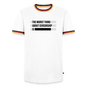Le pire dans la censure, c’est l’ironie amusante - T-shirt contrasté Homme - blanc/tricolore - Devant - AI Model Female 172 light (172cm) & AI Model Male 185 light (185cm)