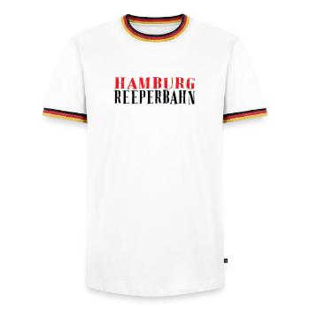 Hamburg Vintage Rubber Stamp - Men's Ringer Shirt - white/tricolour - Front - AI Model Female 172 light (172cm) & AI Model Male 185 light (185cm)