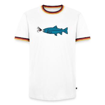 Vecteur de morsure de la truite à la mouche - T-shirt contrasté Homme - blanc/tricolore - Devant - AI Model Female 172 light (172cm) & AI Model Male 185 light (185cm)