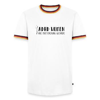 ADHD Women – are multitasking wizards - Men's Ringer Shirt - white/tricolour - Front - AI Model Female 172 light (172cm) & AI Model Male 185 light (185cm)