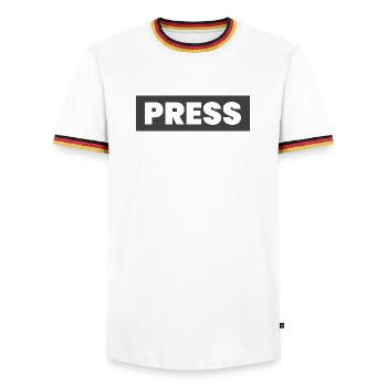 Conception de la presse en disant « PRESS » Journalistes d’information - T-shirt contrasté Homme - blanc/tricolore - Devant - AI Model Female 172 light (172cm) & AI Model Male 185 light (185cm)