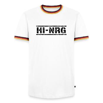 HI NRG - Männer Kontrast-T-Shirt - Weiß/Dreifarbig - Vorne - AI Model Female 172 light (172cm) & AI Model Male 185 light (185cm)
