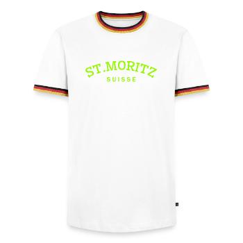 St. Moritz - Suisse - Switzerland - Swiss - Men's Ringer Shirt - white/tricolour - Front - AI Model Female 172 light (172cm) & AI Model Male 185 light (185cm)