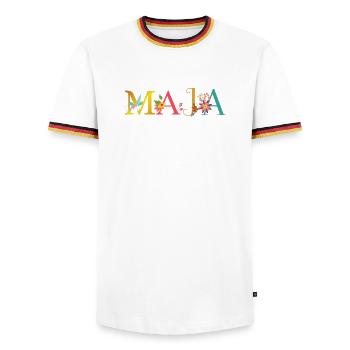MAJA Name mit Blumen geschmückt - Männer Kontrast-T-Shirt - Weiß/Dreifarbig - Vorne - AI Model Female 172 light (172cm) & AI Model Male 185 light (185cm)