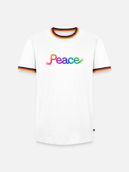 Farbige Peace-Schrift im Pfeildesign - Männer Kontrast-T-Shirt - Weiß/Dreifarbig