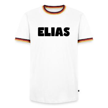 Nom d’Elias - T-shirt contrasté Homme - blanc/tricolore - Devant - AI Model Female 172 light (172cm) & AI Model Male 185 light (185cm)