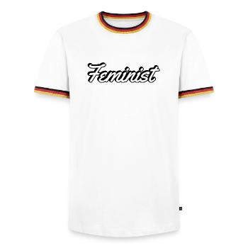 Feminist Script on Apparel - Men's Ringer Shirt - white/tricolour - Front - AI Model Female 172 light (172cm) & AI Model Male 185 light (185cm)
