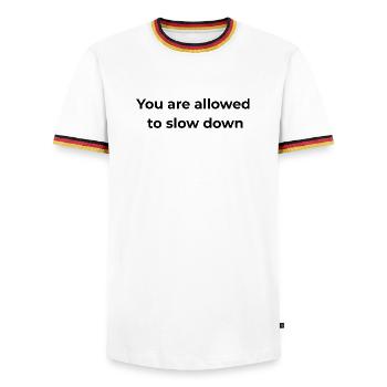 Mindful Reminder | You are allowed to slow down - Men's Ringer Shirt - white/tricolour - Front - AI Model Female 172 light (172cm) & AI Model Male 185 light (185cm)
