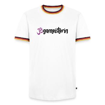 Jogameisterin - Typografisches OM (3-Farbig) - Männer Kontrast-T-Shirt - Weiß/Dreifarbig - Vorne - AI Model Female 172 light (172cm) & AI Model Male 185 light (185cm)