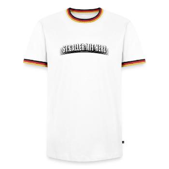 St Galler mit Herz mit Linienraster schmutzig - Männer Kontrast-T-Shirt - Weiß/Dreifarbig - Vorne - AI Model Female 172 light (172cm) & AI Model Male 185 light (185cm)
