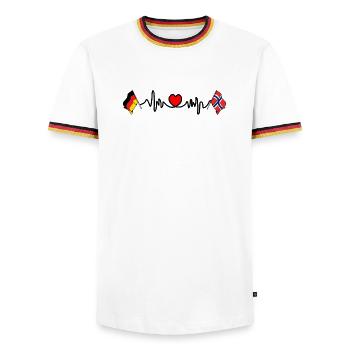 Cardioherz mit Flagge Deutschland und Flagge Norwegen - Männer Kontrast-T-Shirt - Weiß/Dreifarbig - Vorne - AI Model Female 172 light (172cm) & AI Model Male 185 light (185cm)