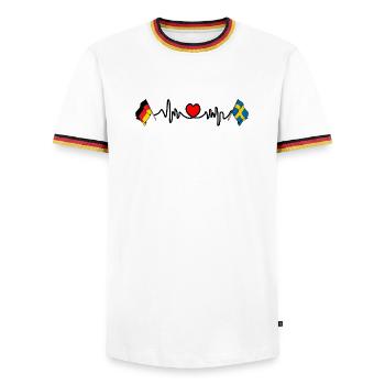 Cardioherz mit Flagge Deutschland und Flagge Schweden - Männer Kontrast-T-Shirt - Weiß/Dreifarbig - Vorne - AI Model Female 172 light (172cm) & AI Model Male 185 light (185cm)