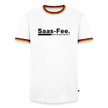 Saas-Fee coordinates Valais Switzerland - Men's Ringer Shirt - white/tricolour - Front - AI Model Female 172 light (172cm) & AI Model Male 185 light (185cm)