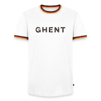 GHENT – Gothic Brick Typography - Men's Ringer Shirt - white/tricolour - Front - AI Model Female 172 light (172cm) & AI Model Male 185 light (185cm)