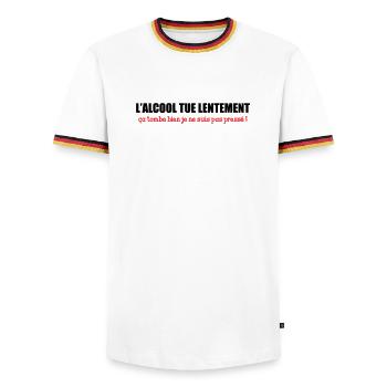 Alcohol kills slowly, that's good I'm not a good guy - Men's Ringer Shirt - white/tricolour - Front - AI Model Female 172 light (172cm) & AI Model Male 185 light (185cm)