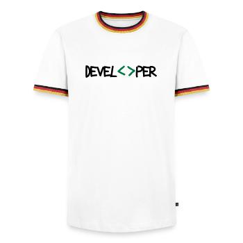 [ Developper ] - T-shirt contrasté Homme - blanc/tricolore - Devant - AI Model Female 172 light (172cm) & AI Model Male 185 light (185cm)