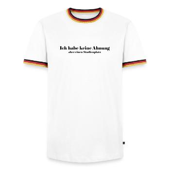 Study place - Men's Ringer Shirt - white/tricolour - Front - AI Model Female 172 light (172cm) & AI Model Male 185 light (185cm)