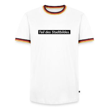 Part of the cityscape - Men's Ringer Shirt - white/tricolour - Front - AI Model Female 172 light (172cm) & AI Model Male 185 light (185cm)