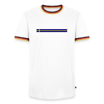 Schweden Flagge Symbol - Männer Kontrast-T-Shirt - Weiß/Dreifarbig - Vorne - AI Model Female 172 light (172cm) & AI Model Male 185 light (185cm)