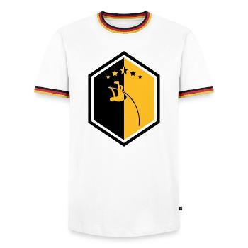 Saut à la Perche Sauteur Sport Sportif Athlète - T-shirt contrasté Homme - blanc/tricolore - Devant - AI Model Female 172 light (172cm) & AI Model Male 185 light (185cm)