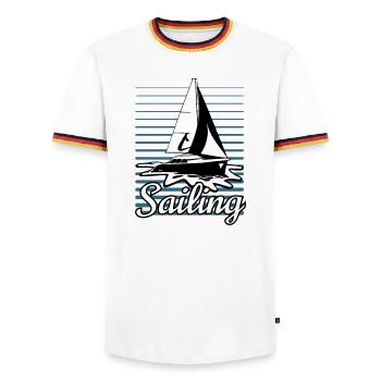 sailboat 002 - Männer Kontrast-T-Shirt - Weiß/Dreifarbig - Vorne - AI Model Female 172 light (172cm) & AI Model Male 185 light (185cm)