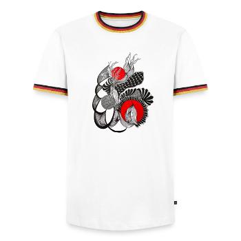Monochrome flower circles with red - Men's Ringer Shirt - white/tricolour - Front - AI Model Female 172 light (172cm) & AI Model Male 185 light (185cm)