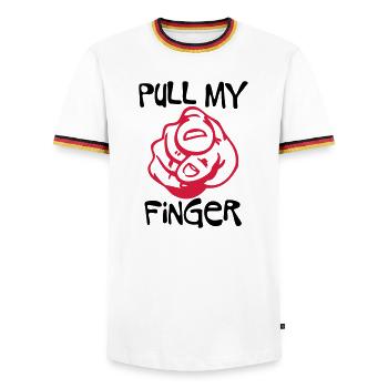 Pull my Finger | you | hand - Men's Ringer Shirt - white/tricolour - Front - AI Model Female 172 light (172cm) & AI Model Male 185 light (185cm)
