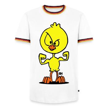 Defiant Duck Cartoon Illustration - Men's Ringer Shirt - white/tricolour - Front - AI Model Female 172 light (172cm) & AI Model Male 185 light (185cm)