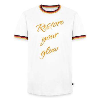 Restore Your Glow – Selfcare Statement - Men's Ringer Shirt - white/tricolour - Front - AI Model Female 172 light (172cm) & AI Model Male 185 light (185cm)