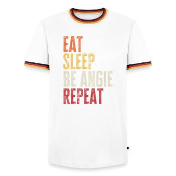 Mange, dors, sois Angie, répète le nom rétro - T-shirt contrasté Homme - blanc/tricolore - Devant - AI Model Female 172 light (172cm) & AI Model Male 185 light (185cm)