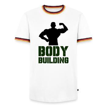 Powerful Bodybuilding Typography - Men's Ringer Shirt - white/tricolour - Front - AI Model Female 172 light (172cm) & AI Model Male 185 light (185cm)