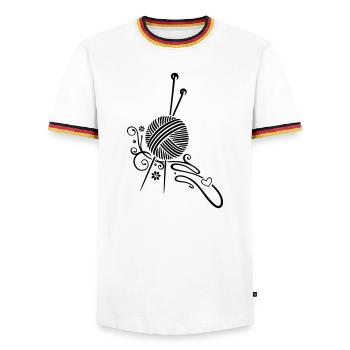 Knitting needles with wool and flowers. - Men's Ringer Shirt - white/tricolour - Front - AI Model Female 172 light (172cm) & AI Model Male 185 light (185cm)
