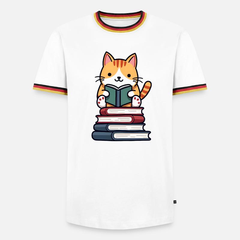 Katze liest ein Buch - Männer Kontrast-T-Shirt - Weiß/Dreifarbig