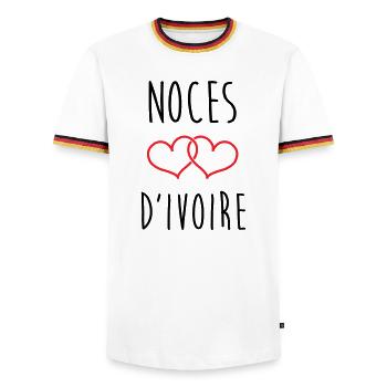 Anniversaire Mariage - Noces d'Ivoire (62 ans) - T-shirt contrasté Homme - blanc/tricolore - Devant - AI Model Female 172 light (172cm) & AI Model Male 185 light (185cm)