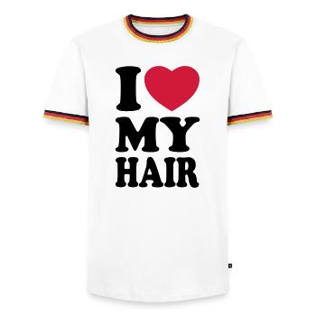 I love my hair - J'aime mes cheveux - T-shirt contrasté Homme - blanc/tricolore - Devant - AI Model Female 172 light (172cm) & AI Model Male 185 light (185cm)
