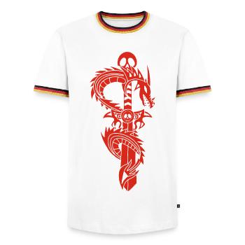The Red Dragon and the Sword - Men's Ringer Shirt - white/tricolour - Front - AI Model Female 172 light (172cm) & AI Model Male 185 light (185cm)
