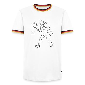 Lignes joueur de padel en mouvement - T-shirt contrasté Homme - blanc/tricolore - Devant - AI Model Female 172 light (172cm) & AI Model Male 185 light (185cm)